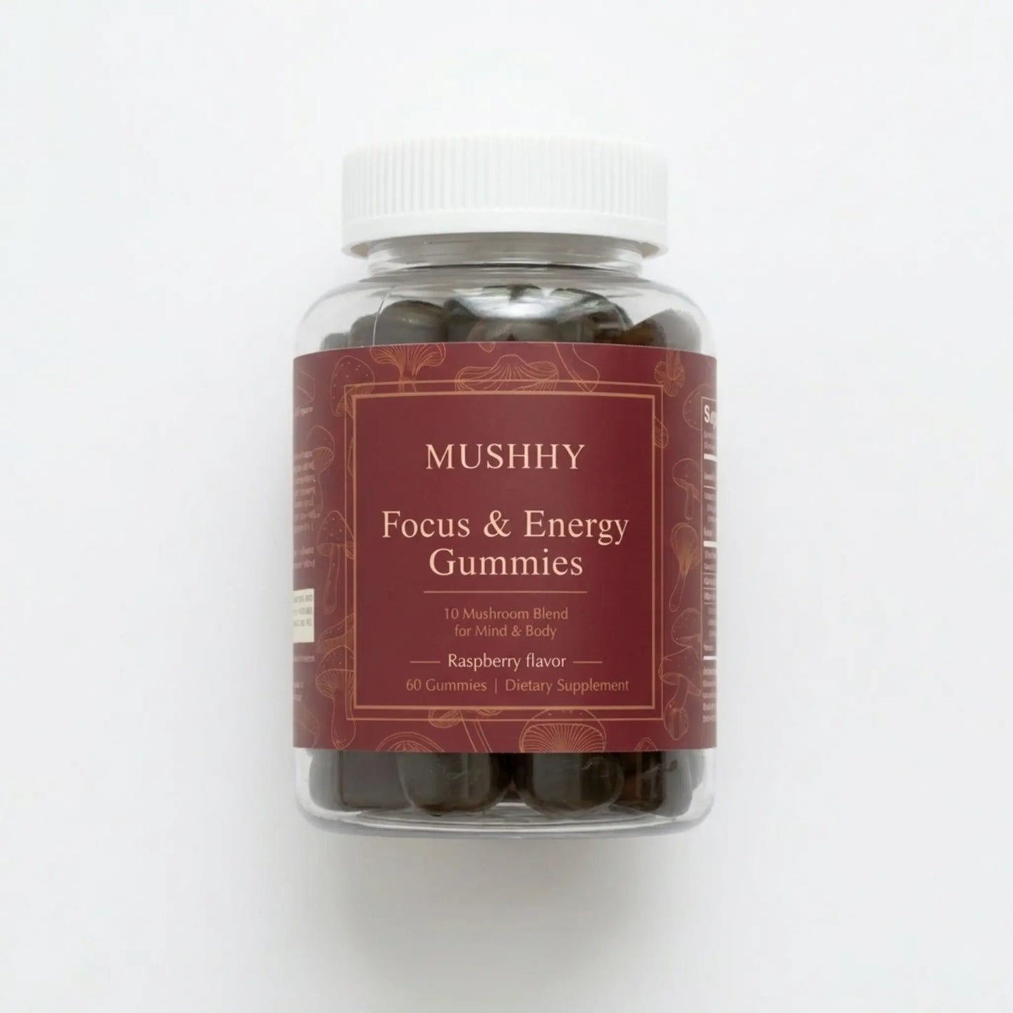 mushroom gummies supplement bottle for focus energy and cognitive support mushhy brand