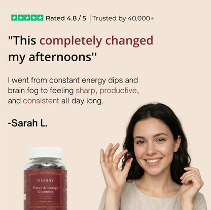 woman taking mushroom gummies for focus energy and daily performance supplement mushhy
