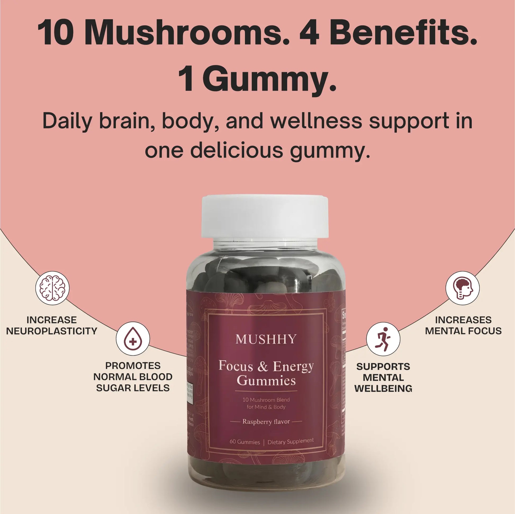 mushroom gummies supplement bottle with natural mushroom ingredients focus energy support mushhy